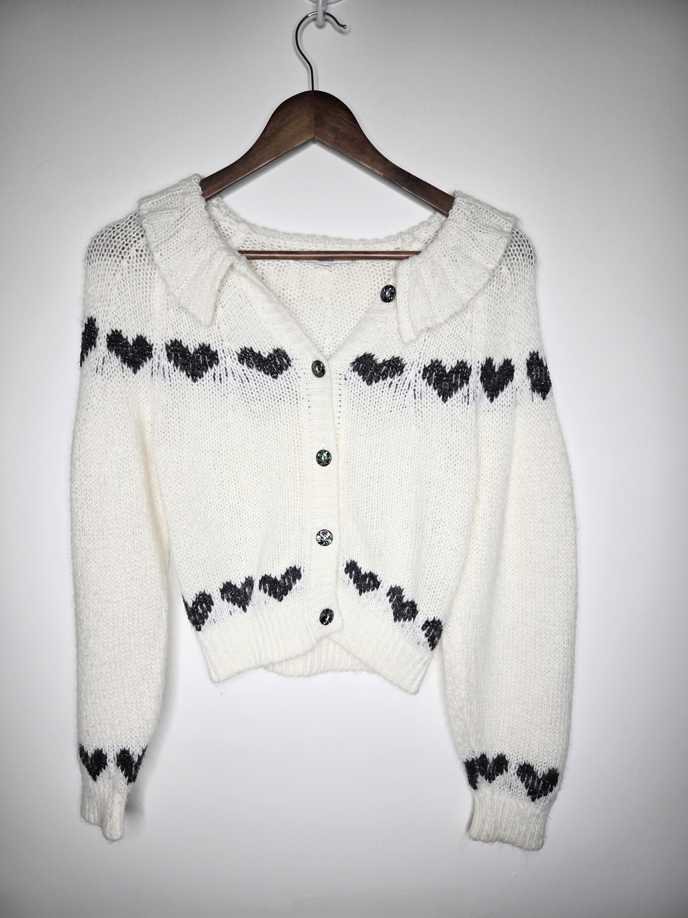 Kimchi Blue Heart Marabell Icon Ruffle Collar Cardigan Sweater Cream And Black M